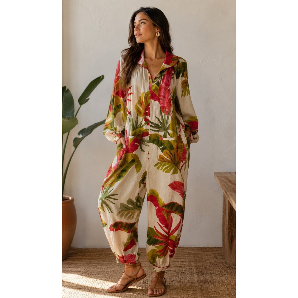 Farm Rio Spring Forest Jumpsuit Tropical Print Linen Blend Cream Red Green Large